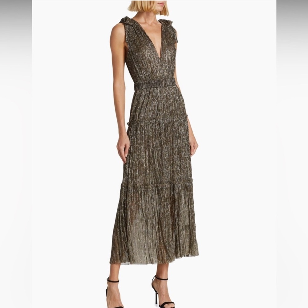 Sabina Musayev Metallic Gold V-Neck Tiered Maxi Dress